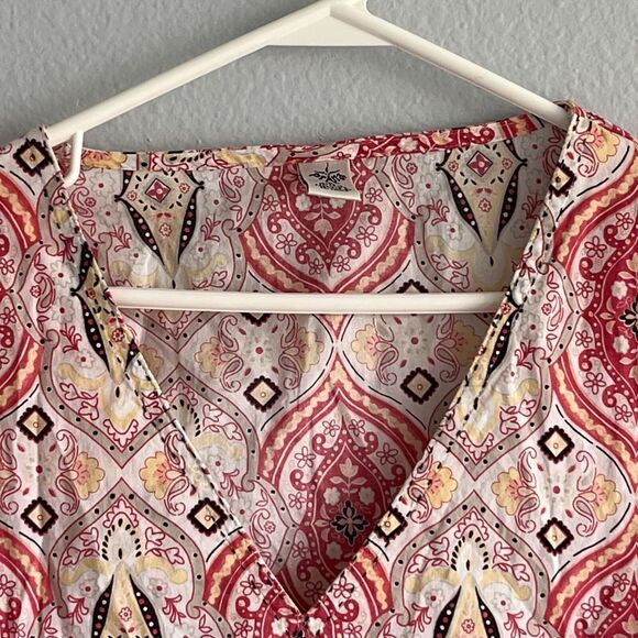 Prana Cotton Tunic Pink White Patterned Fabric V-Neck Split Hem Bottom Sleeves S - Picture 4 of 12